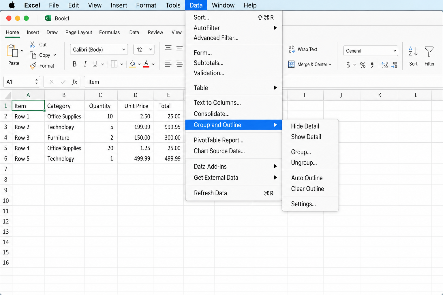 Excel for Mac Data tab showing the Outline group with Group and Ungroup buttons visible