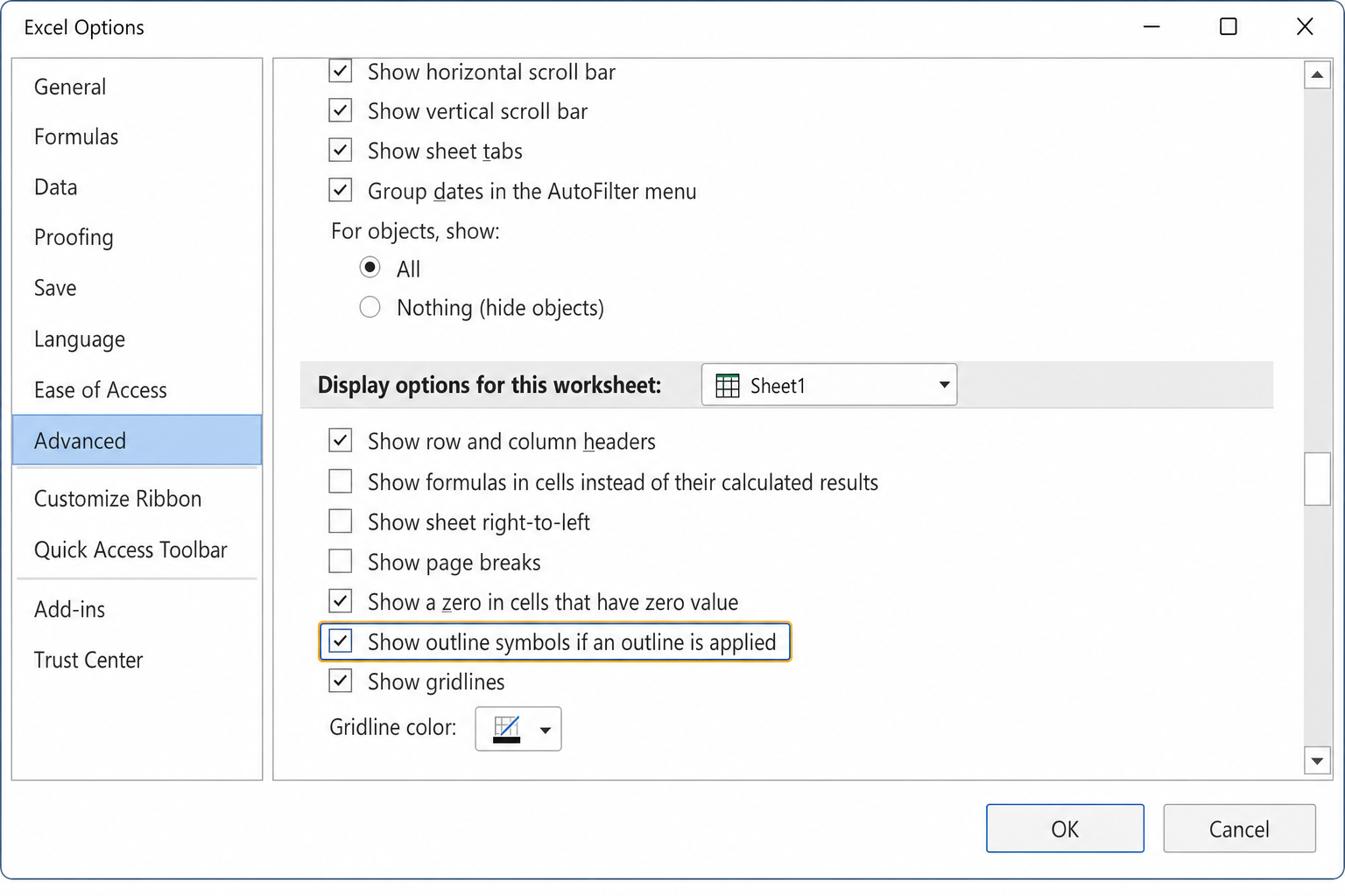 Excel Options dialog open on the Advanced tab, scrolled to "Display options for this worksheet" section with "Show outline symbols if an outline is applied" checkbox highlighted