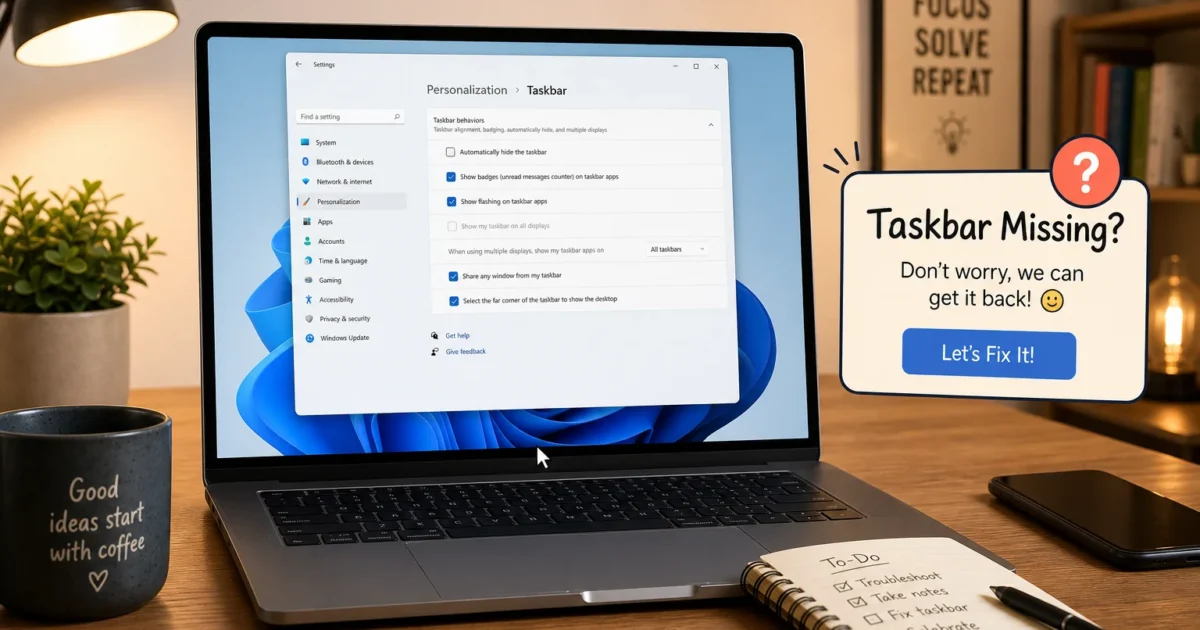 Laptop on a wooden desk shows Windows Settings for Taskbar customization; a 'Taskbar Missing? Let’s Fix It!' sign sits to the right.