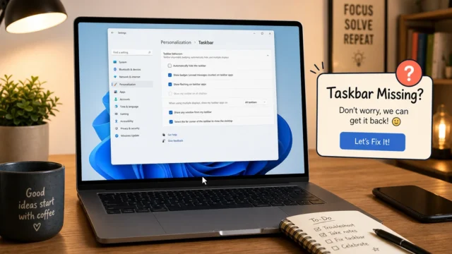 Laptop on a wooden desk shows Windows Settings for Taskbar customization; a 'Taskbar Missing? Let’s Fix It!' sign sits to the right.