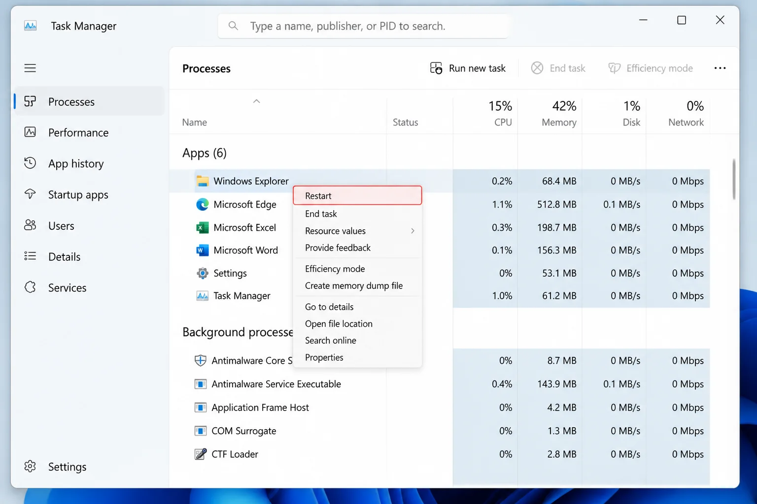 Task Manager Processes tab with Windows Explorer highlighted and right-click context menu showing the Restart option