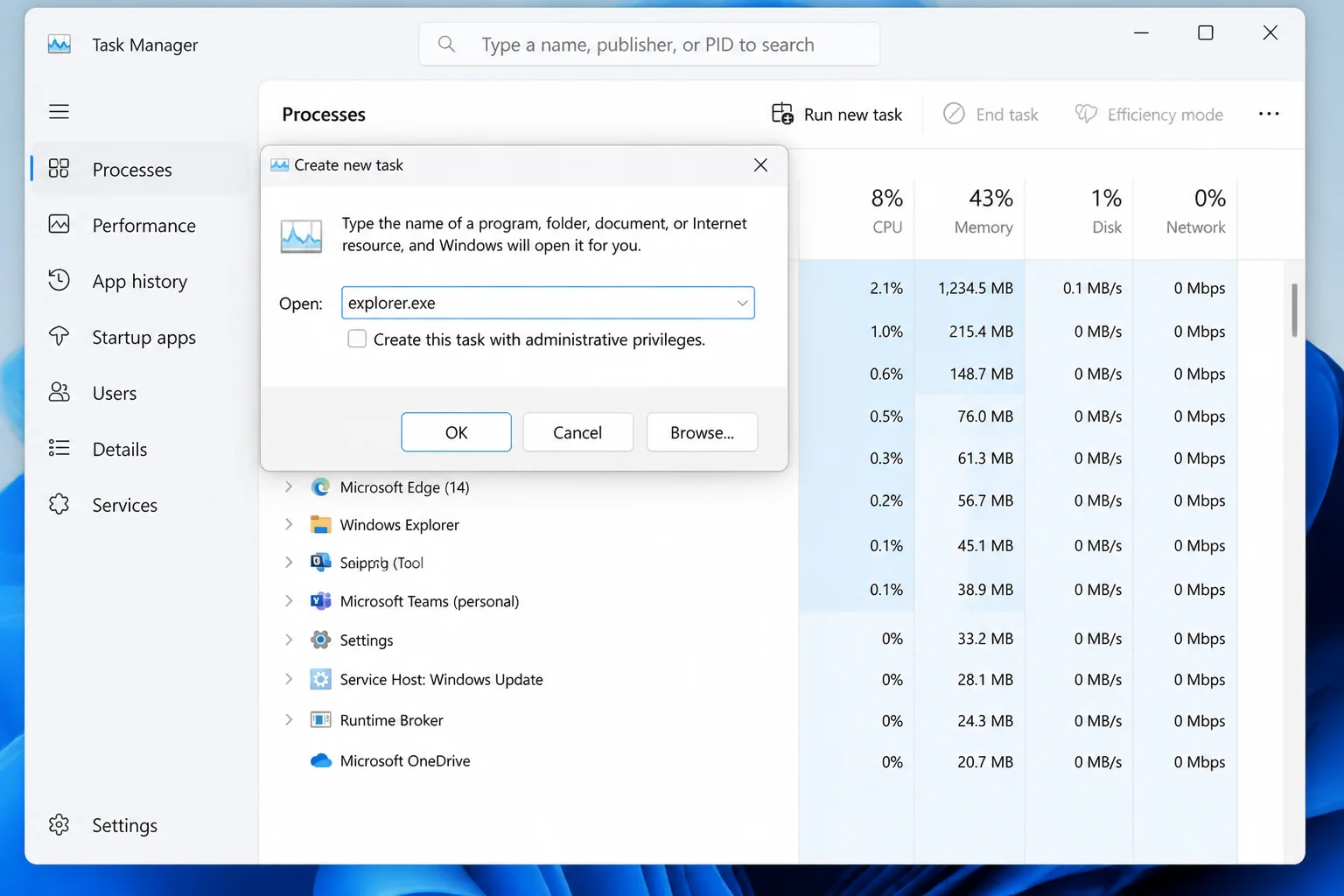 Task Manager "Create new task" dialog with explorer.exe typed in the Open field