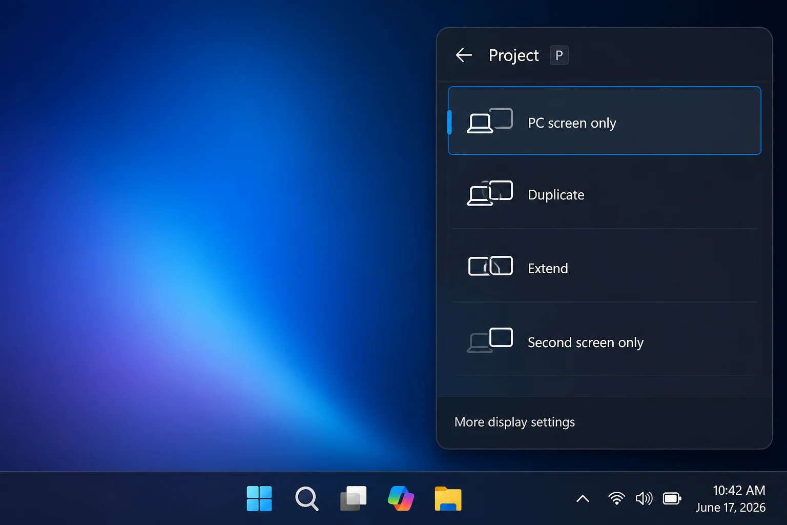 Windows 11 projection panel opened with Windows + P, showing "PC screen only" option highlighted