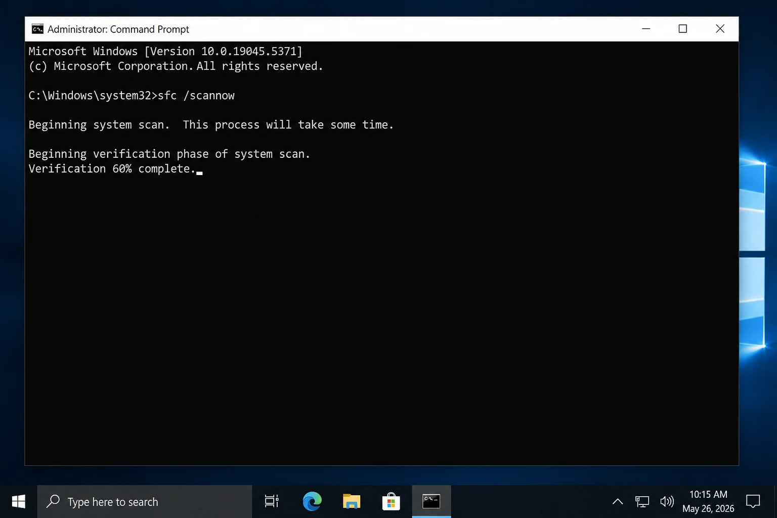Administrator Command Prompt window showing sfc /scannow running with verification progress percentage