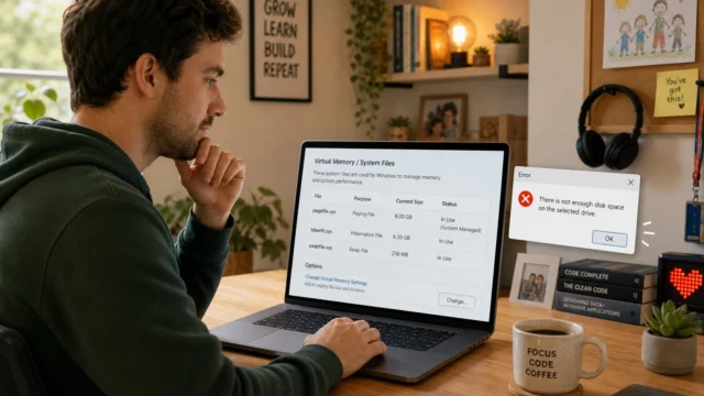 Man in a dark hoodie sits at a wooden desk, focused on a laptop displaying a Windows Virtual Memory window and a disk-space error popup.