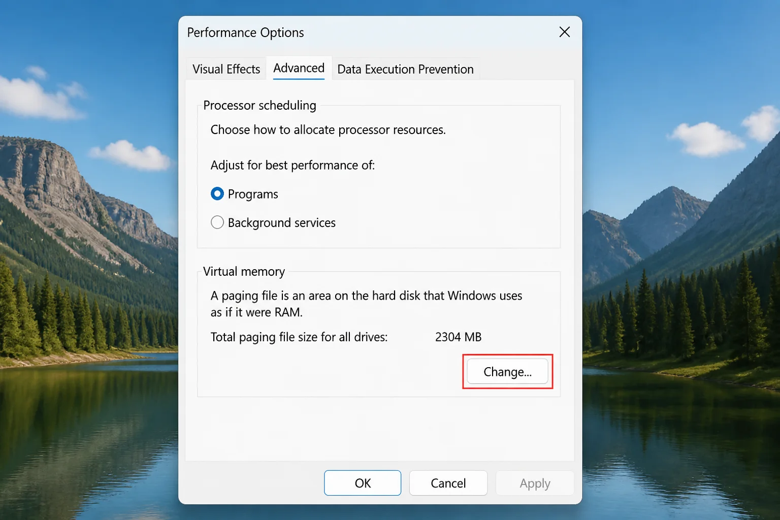 Performance Options dialog, Advanced tab, showing the Virtual memory section with the Change button highlighted