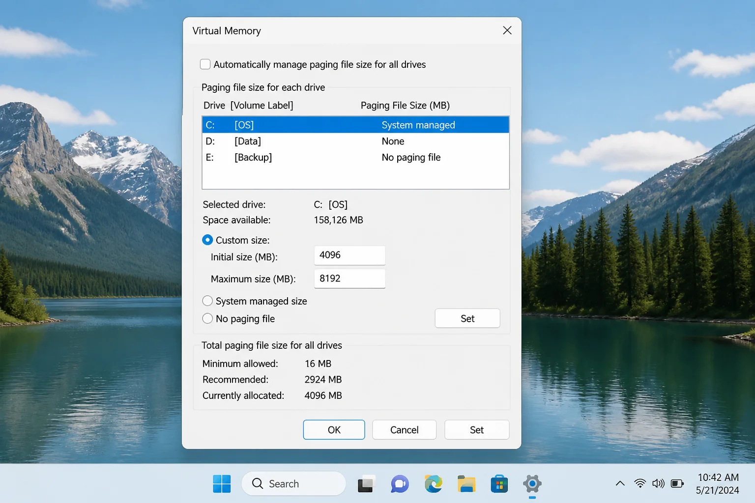Virtual Memory dialog with "Automatically manage paging file size for all drives" unchecked, drive list visible, and the No paging file option shown