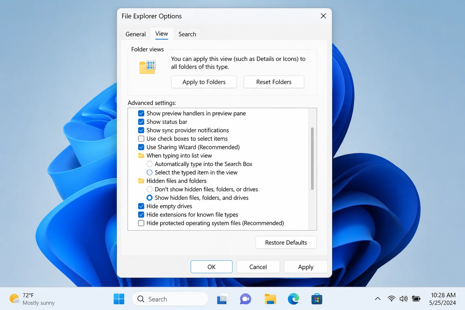 File Explorer Options dialog, View tab, with "Hide protected operating system files (Recommended)" unchecked