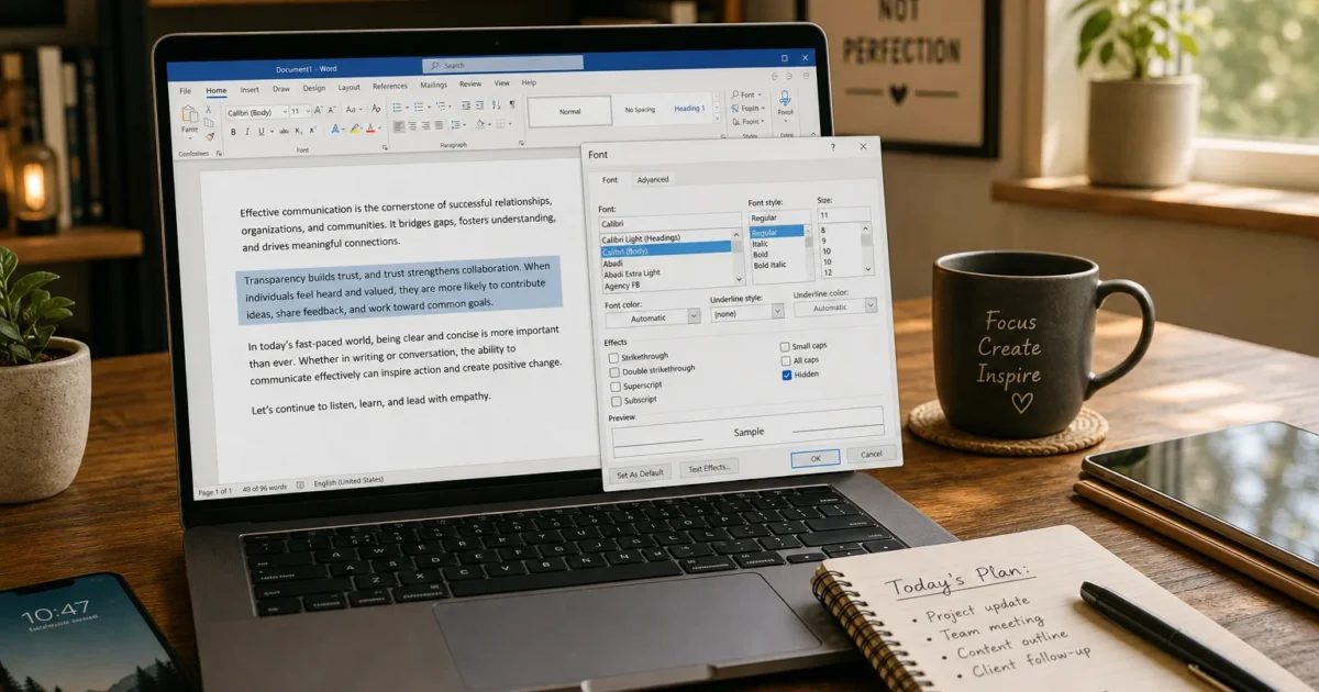 Laptop on a wooden desk showing a Word document with a font dialog open, depicting a writing task setup of a home office.