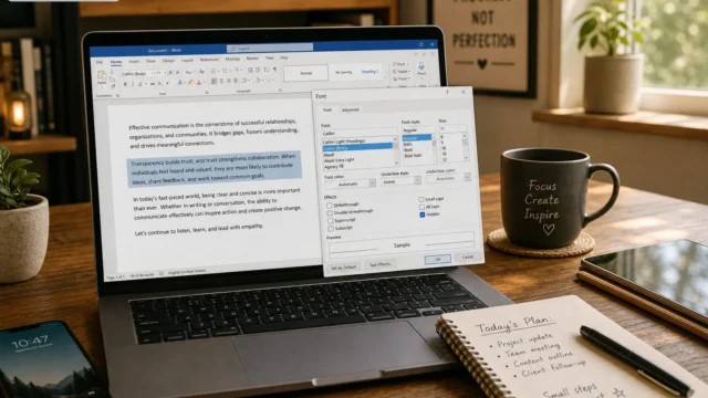 Laptop on a wooden desk showing a Word document with a font dialog open, depicting a writing task setup of a home office.