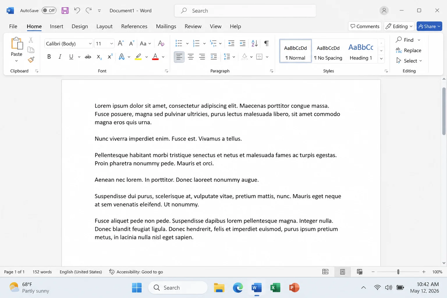 Current Microsoft Word desktop window containing several paragraphs of sample text