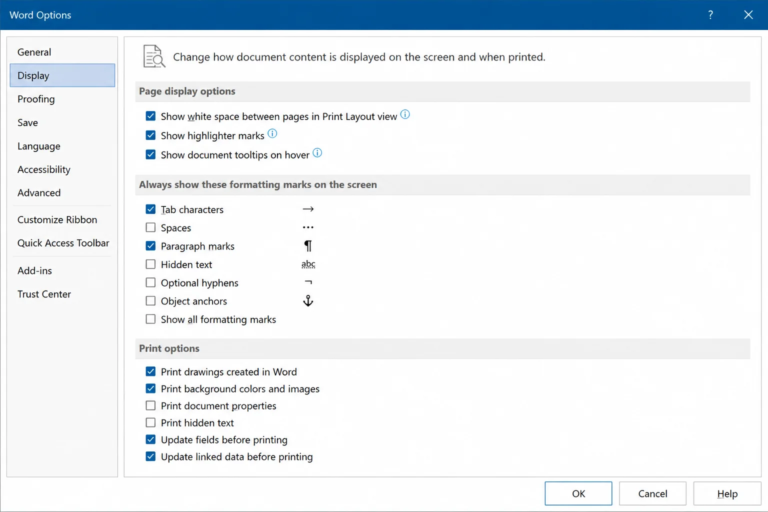 Current Word Options window with Display selected in the left sidebar