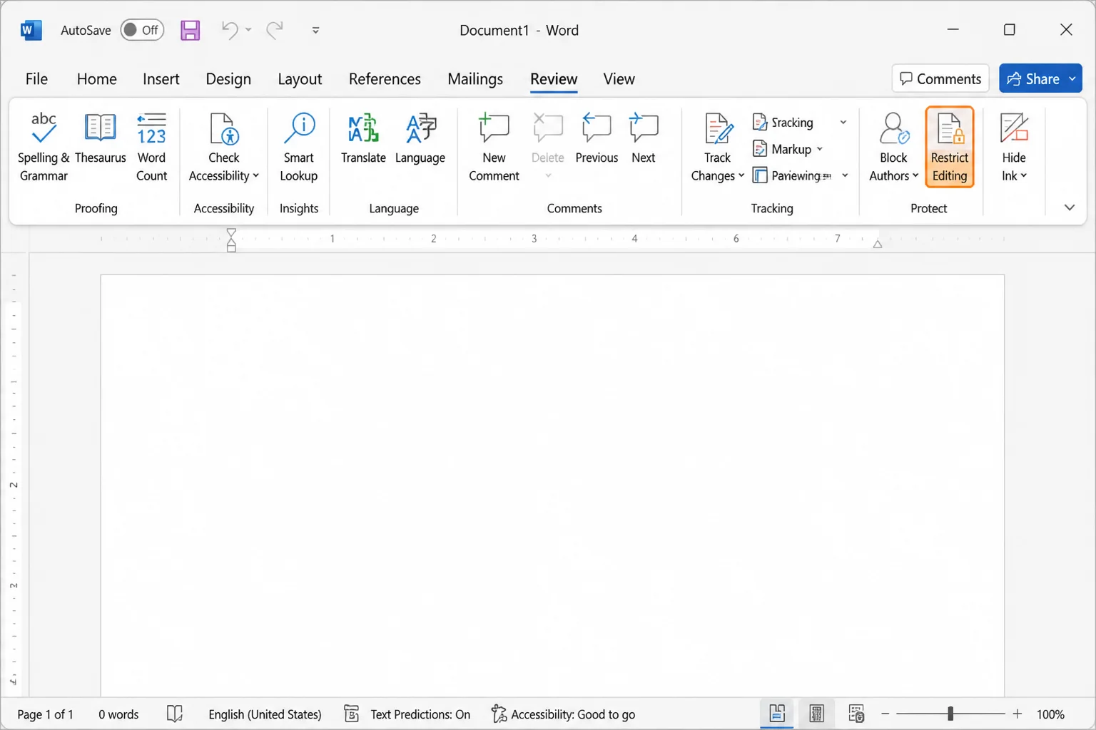 Current Word Review tab with Restrict Editing highlighted in the Protect group