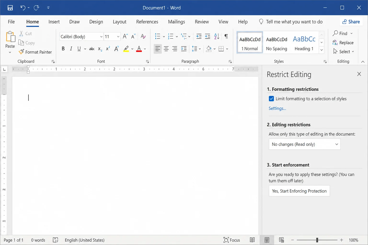 Word Restrict Editing pane with the formatting restrictions checkbox enabled and Settings link visible