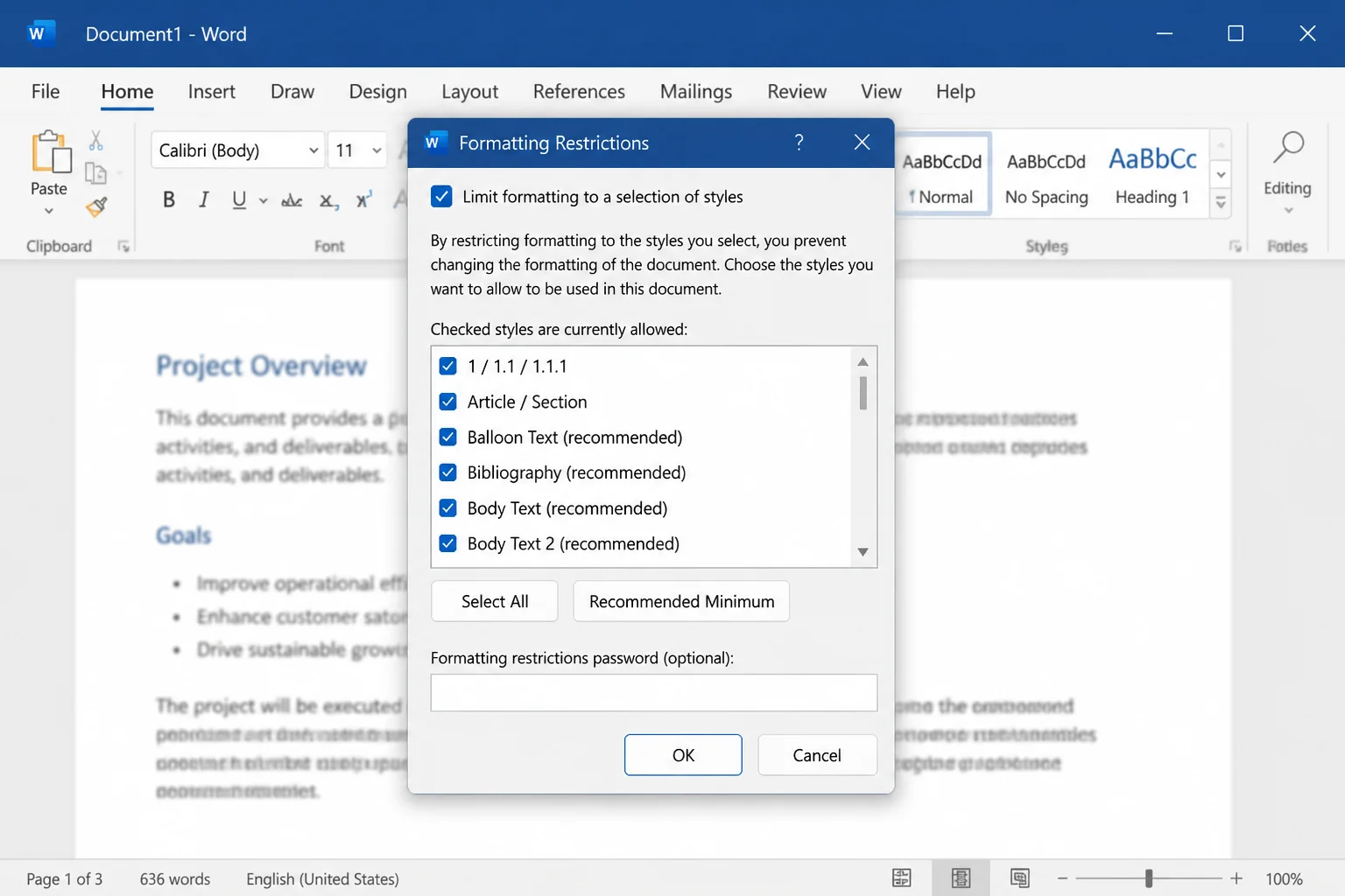 Word Formatting Restrictions dialog showing the list of permitted styles and formatting choices