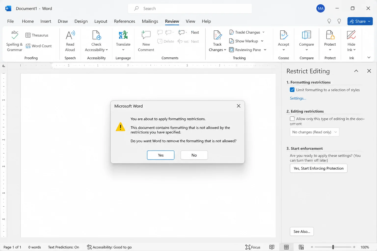 Word warning dialog asking whether disallowed formatting should be removed with the option to preserve existing formatting visible