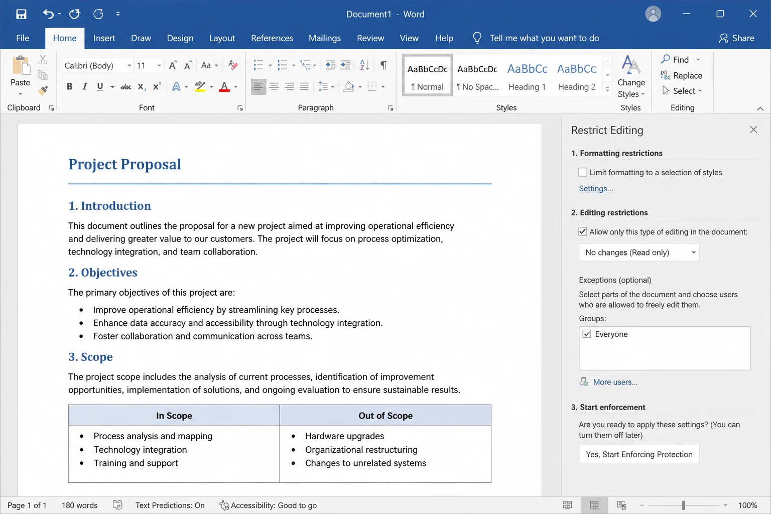 Word Restrict Editing pane with No changes Read only selected under Editing restrictions