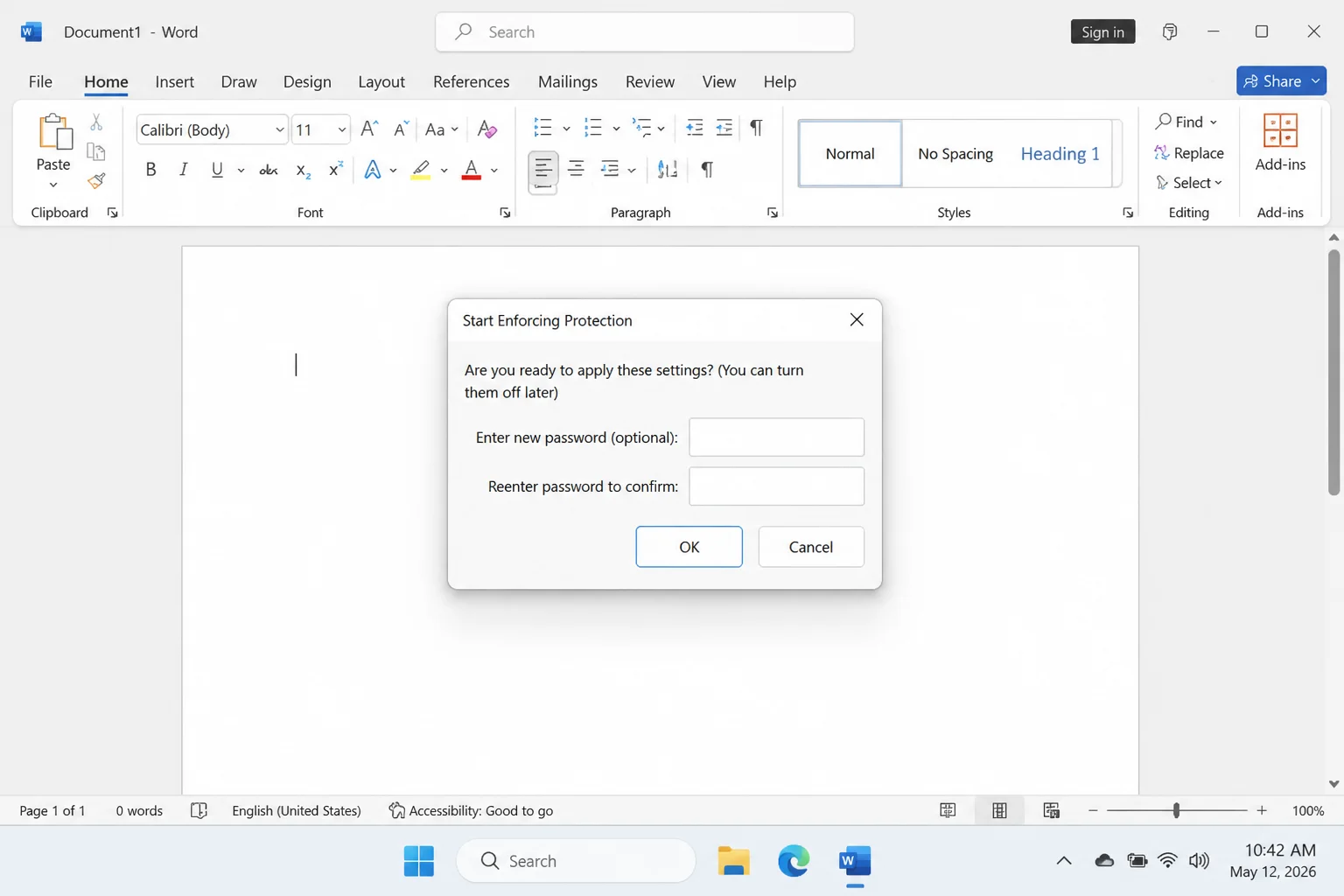 Word Start Enforcing Protection dialog with password and password confirmation fields