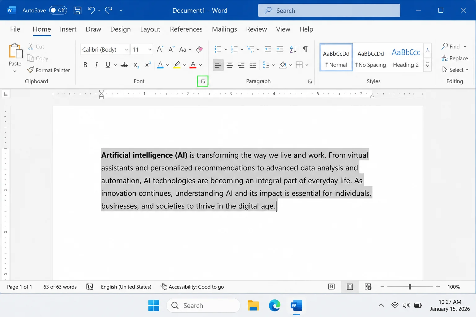 Selected text in a Word document with the Home tab open and Font dialog launcher highlighted
