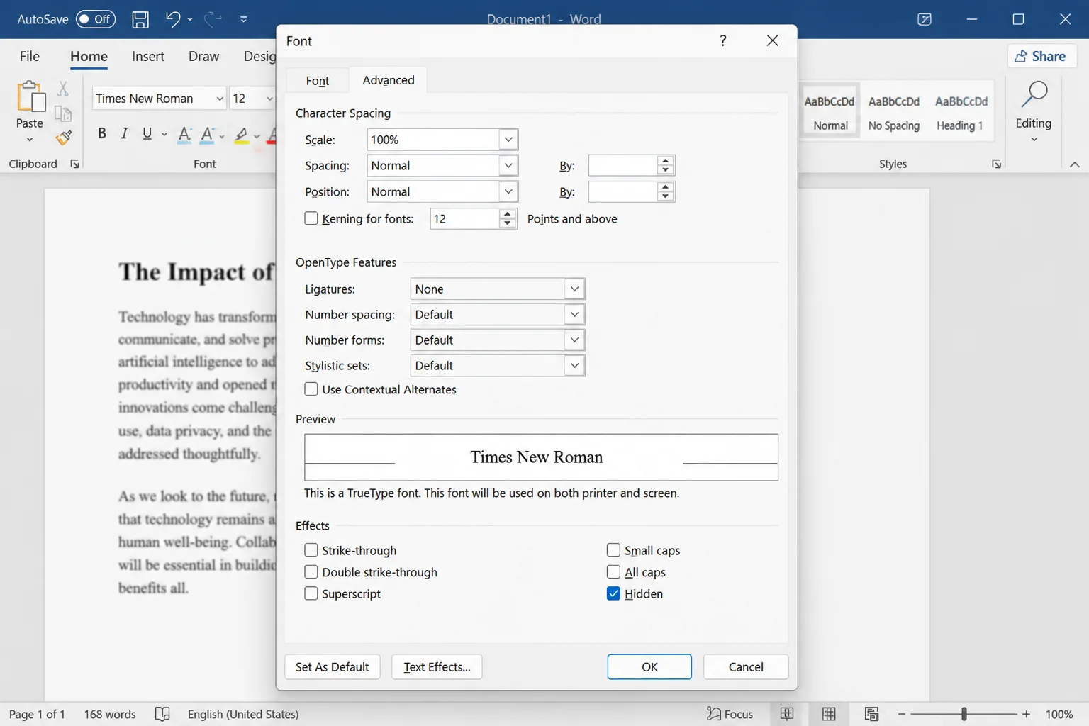 Current Word Font dialog with the Hidden checkbox selected under Effects
