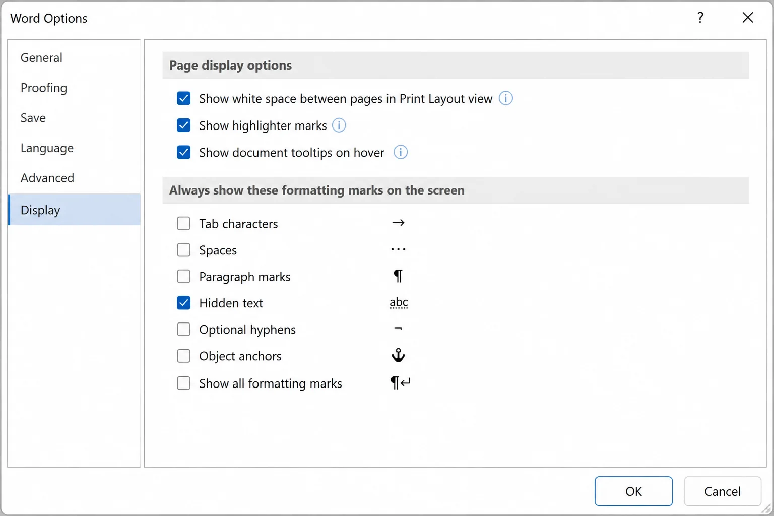 Word Options Display page with Hidden text selected under Always show these formatting marks on the screen