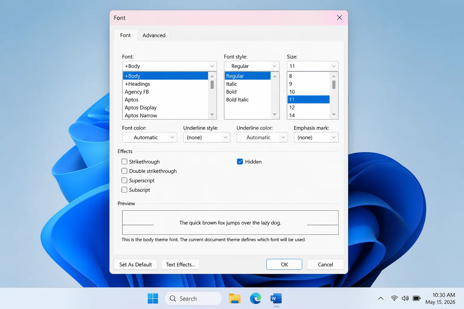 Word Font dialog with the Hidden checkbox cleared for selected text
