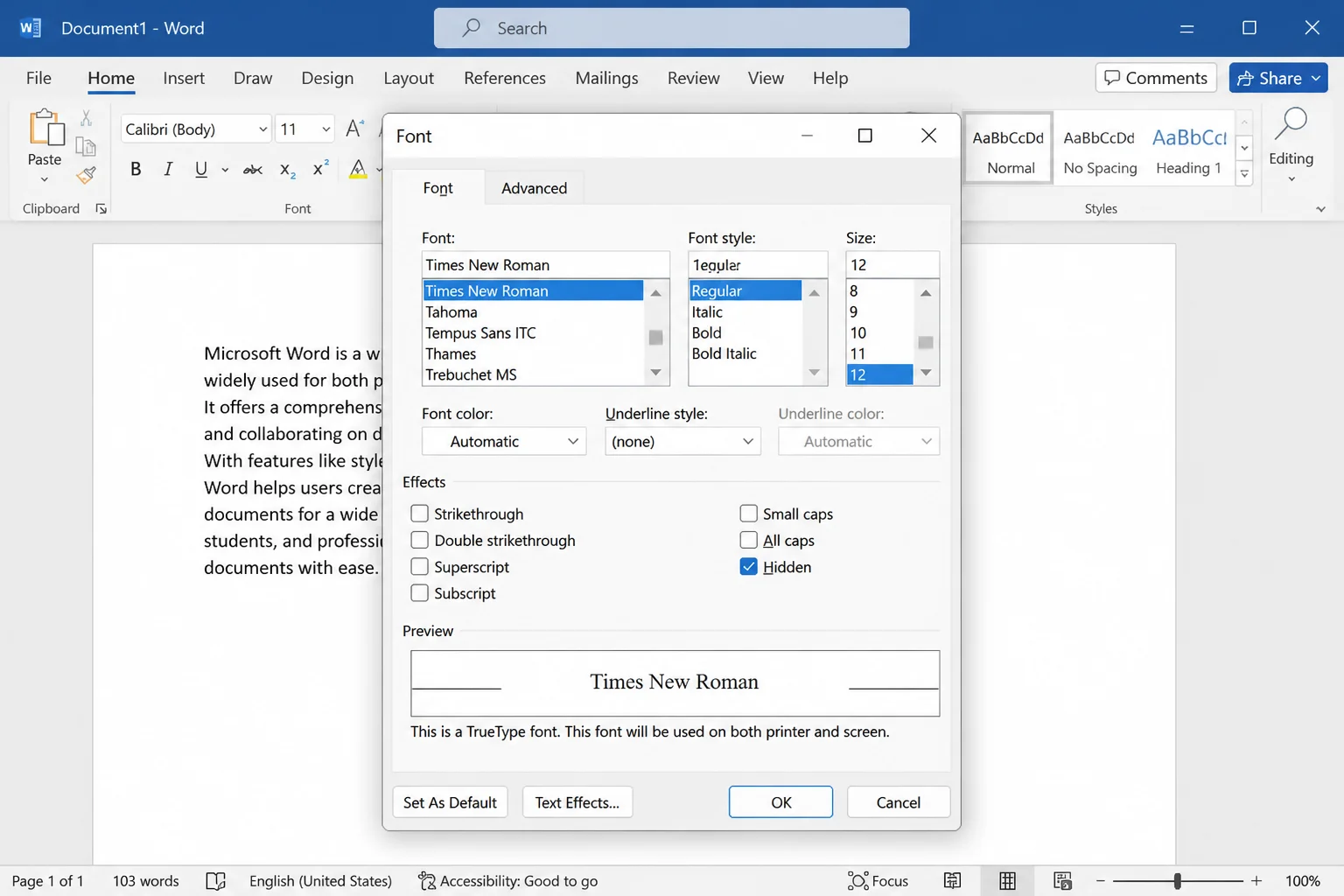 Word Font dialog showing a mixed-state Hidden checkbox after the entire document is selected