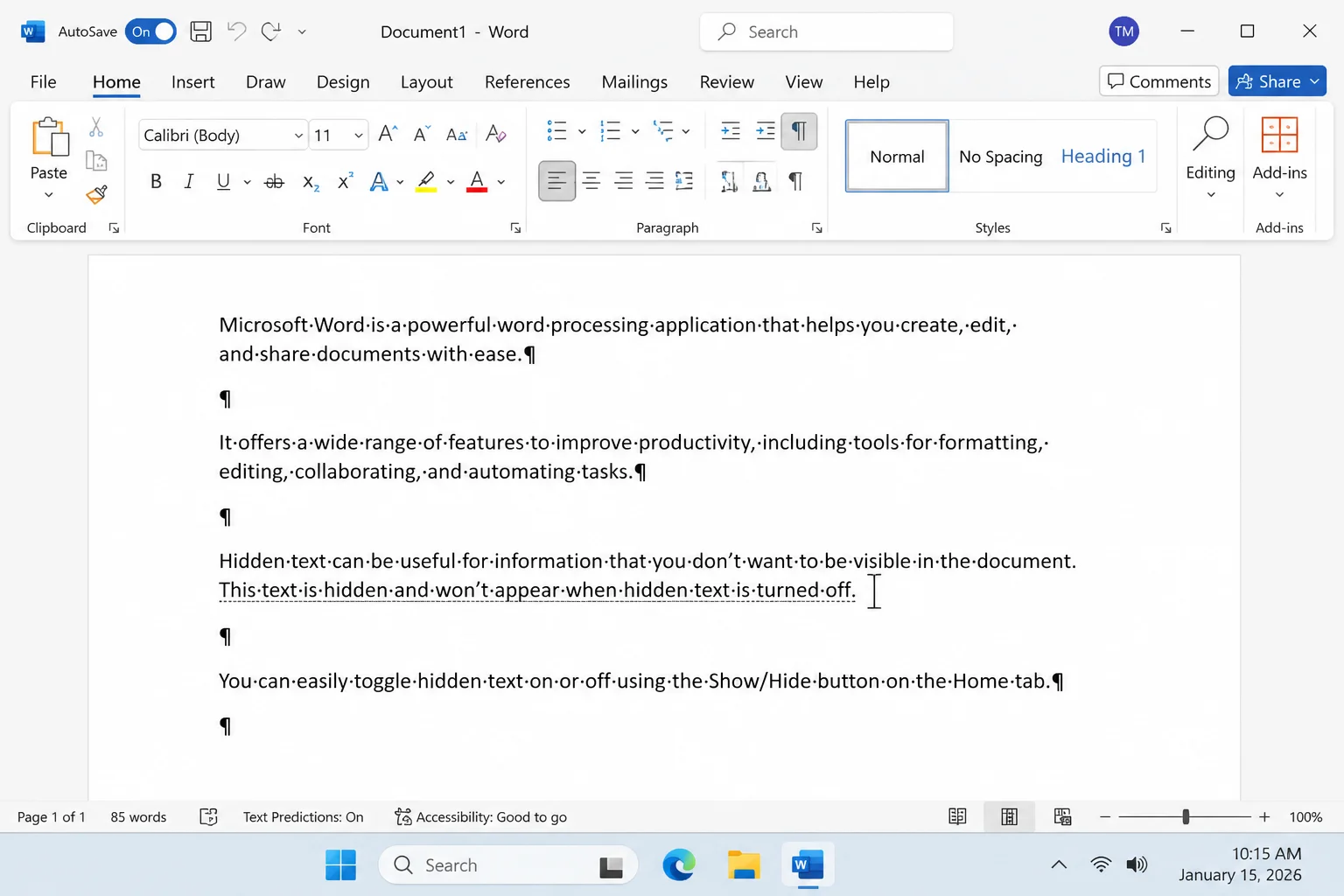 Word document showing dotted-underlined hidden text with the insertion point positioned beside it