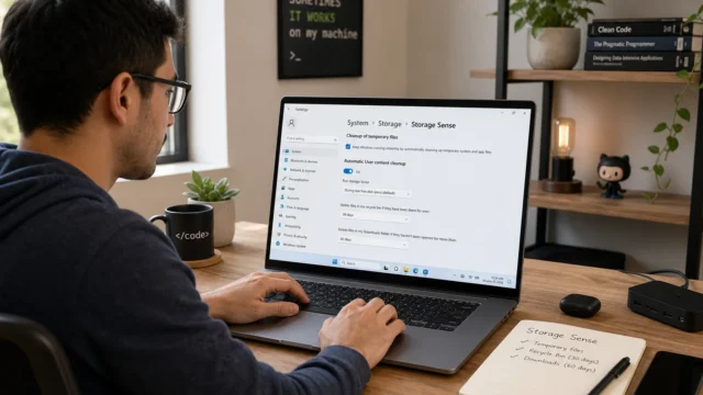 Person typing on a laptop at a wooden desk with Settings window open showing Storage Sense options; notebook titled 'Storage Sense' and pen nearby.