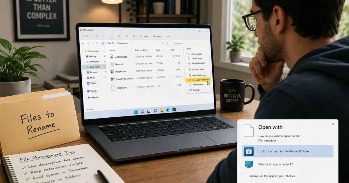Person at a desk looking at a Windows File Explorer window open on a laptop, with a notebook labeled 'File Management Tips' and a folder card reading 'Files to Rename' nearby.