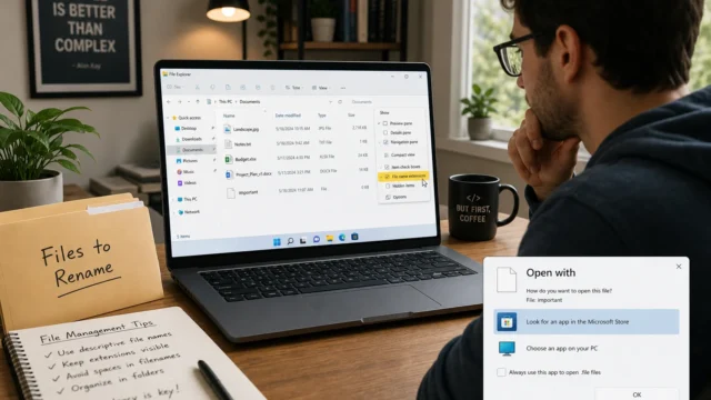 Person at a desk looking at a Windows File Explorer window open on a laptop, with a notebook labeled 'File Management Tips' and a folder card reading 'Files to Rename' nearby.
