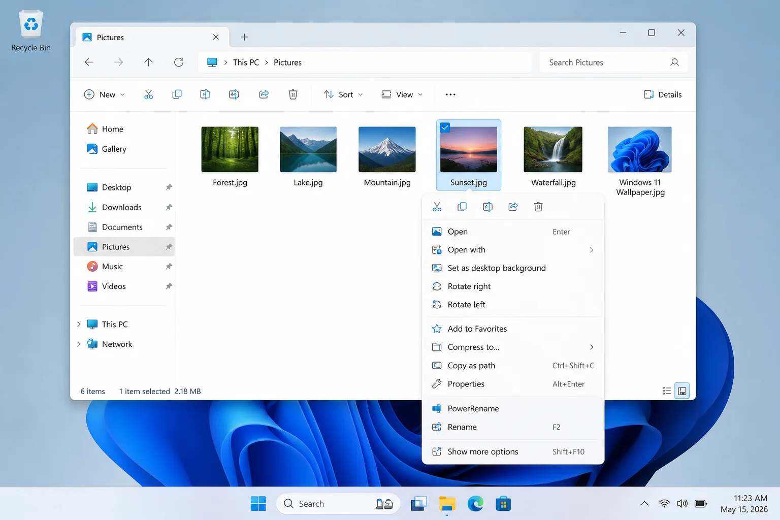 Windows 11 File Explorer context menu for selected files with Show more options and Rename with PowerRename visible
