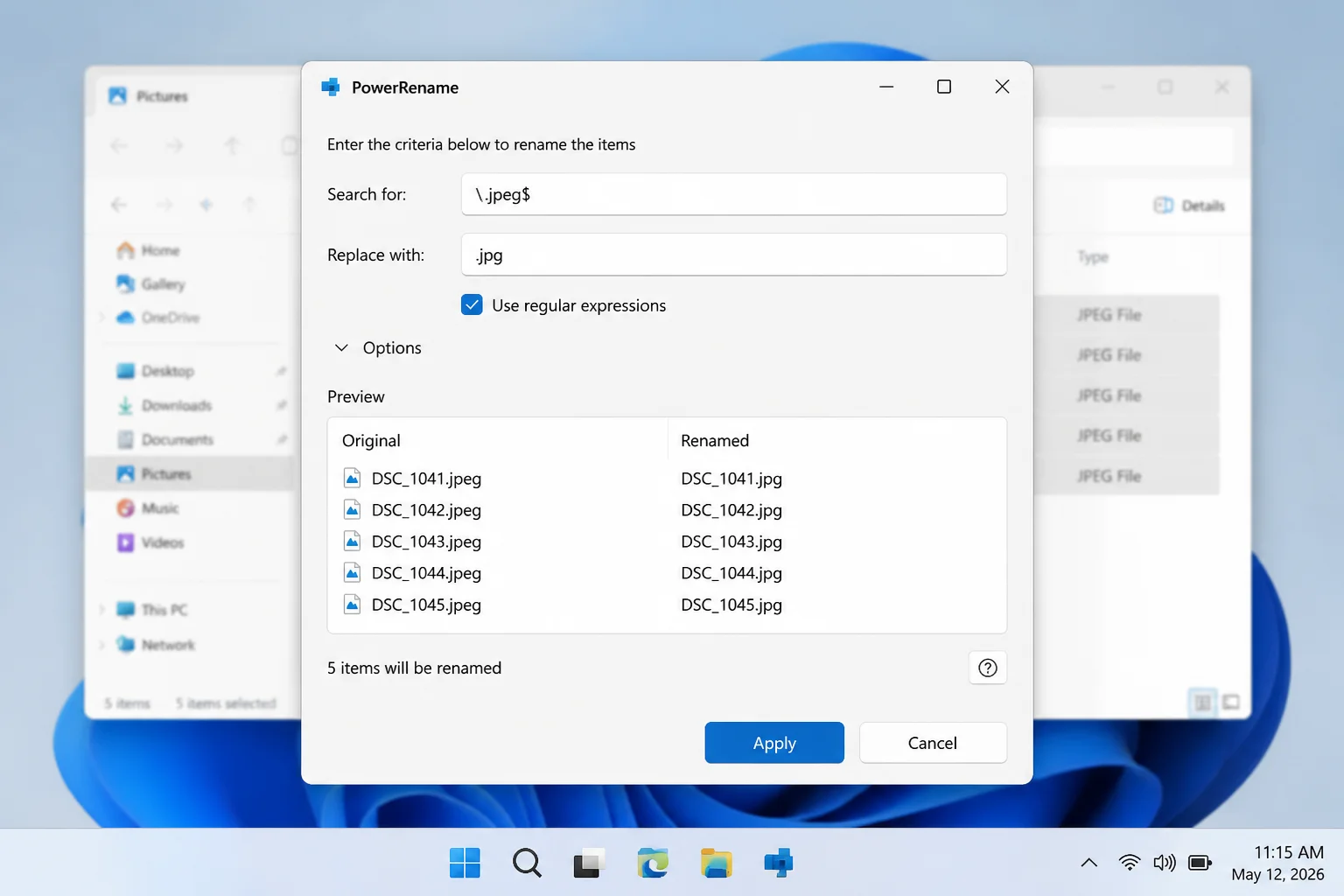PowerRename window with search value \.jpeg$, replacement value .jpg, and Use regular expressions enabled