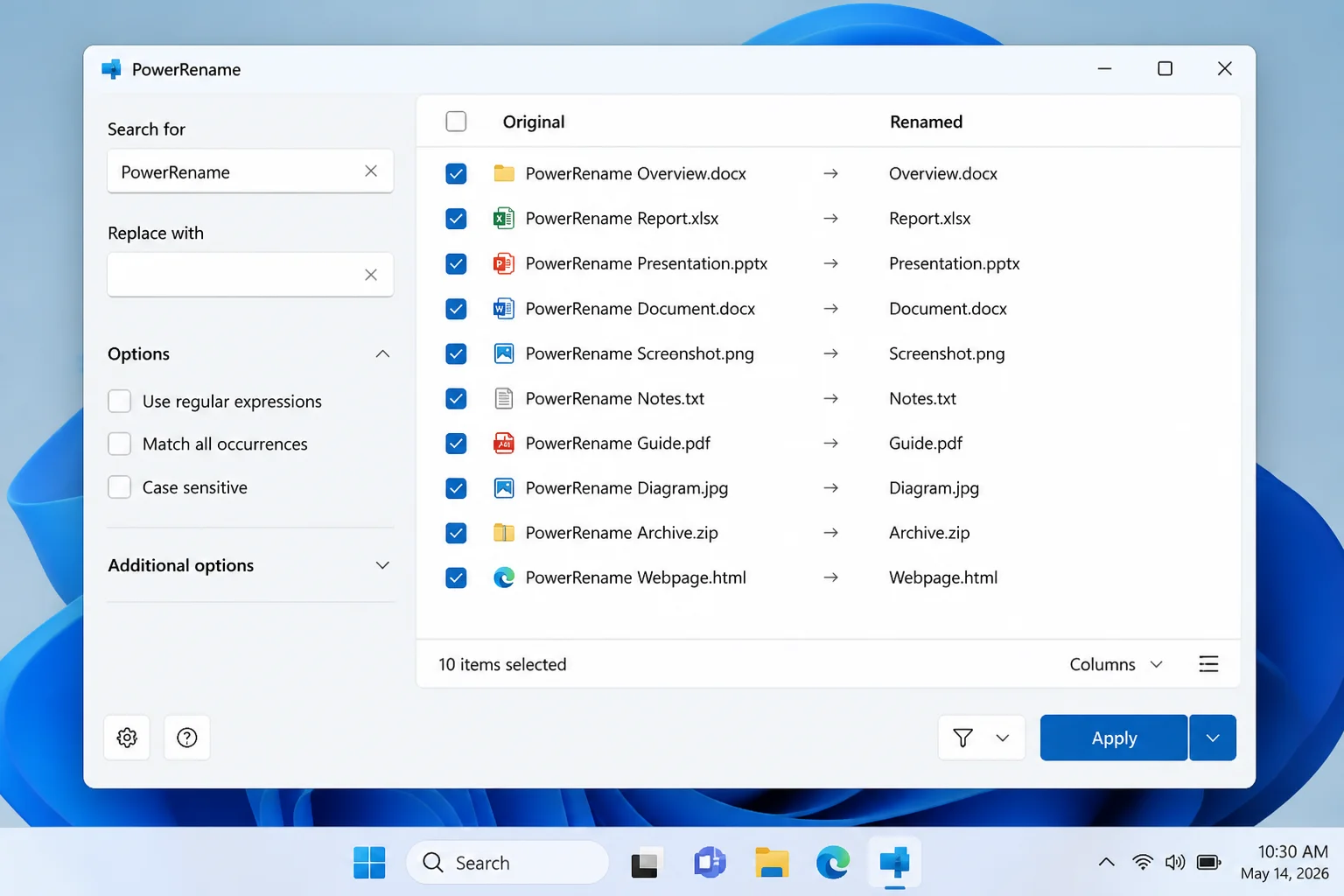 PowerRename preview listing original .jpeg filenames beside proposed .jpg filenames with selection checkboxes