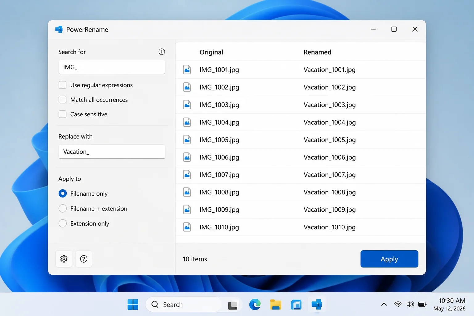PowerRename window with reviewed filename previews and the Apply button highlighted