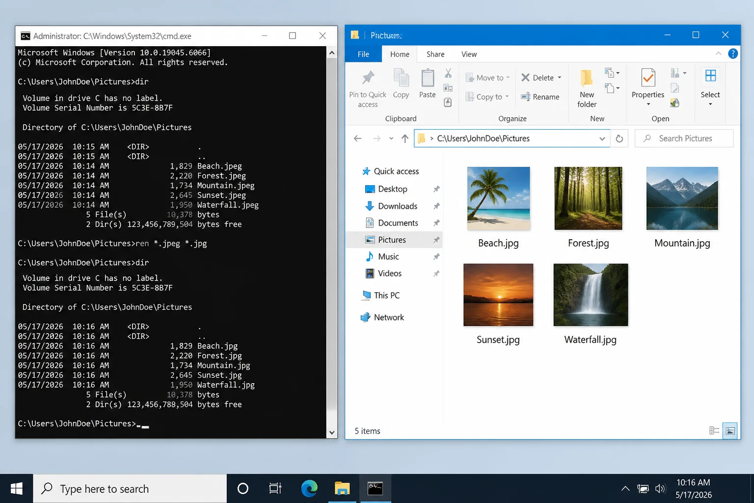 Command Prompt opened in a Pictures folder after running ren *.jpeg *.jpg, with File Explorer showing the resulting .jpg filenames