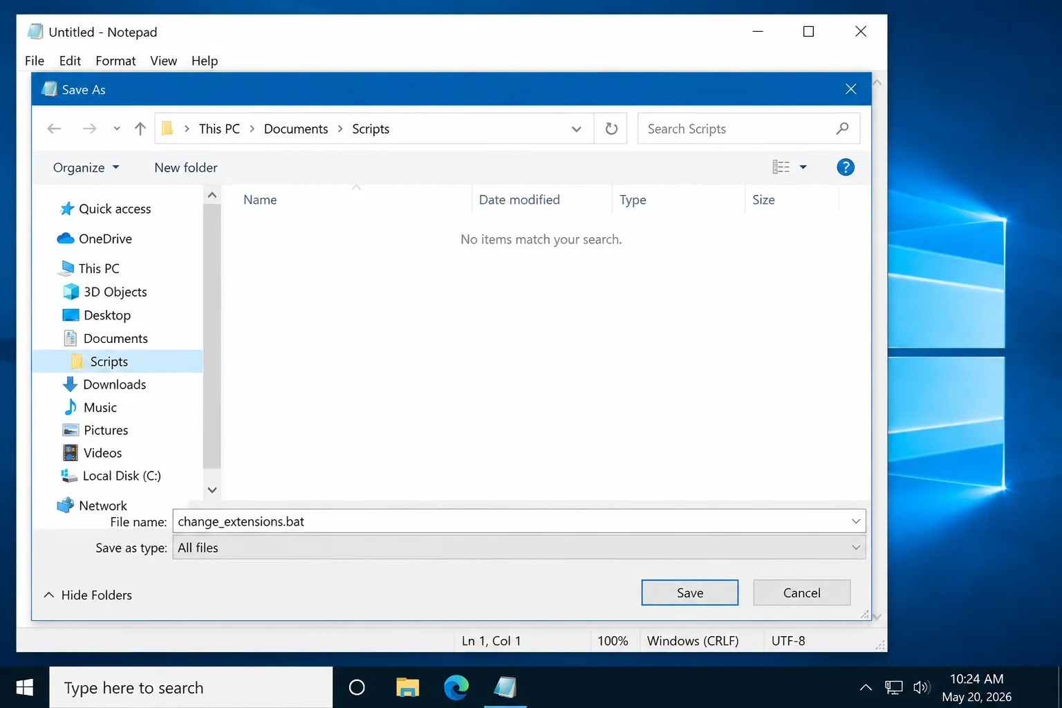 Windows Notepad Save as dialog with change_extensions.bat entered, Save as type set to All files, and the target folder visible