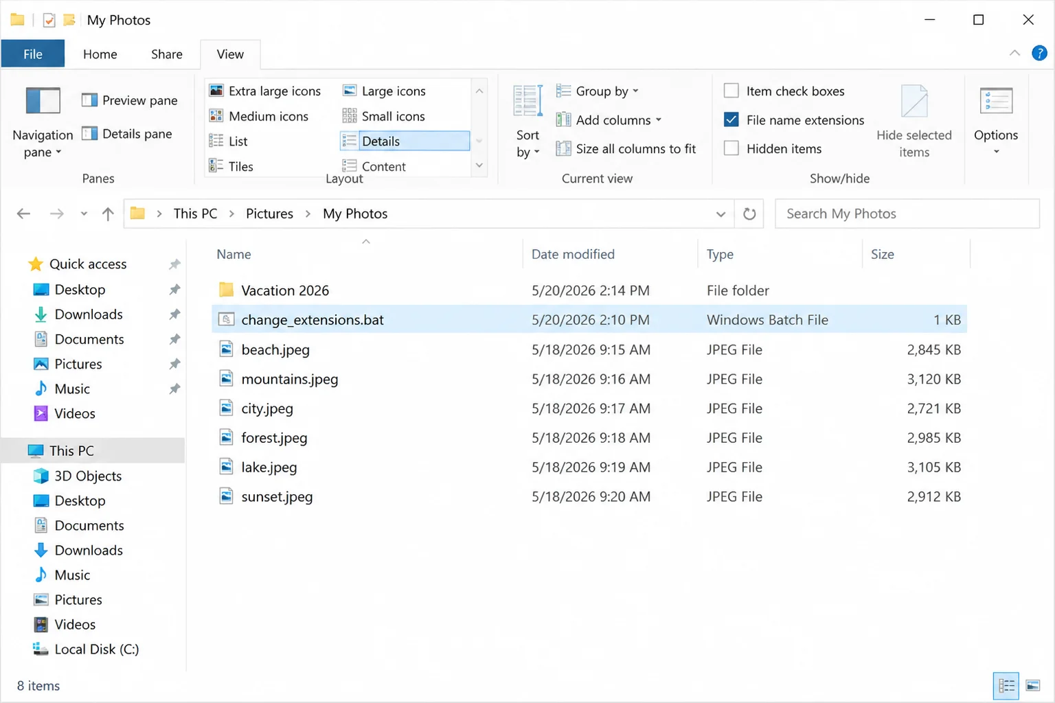 File Explorer showing change_extensions.bat beside a folder whose .jpeg filenames have been changed to .jpg