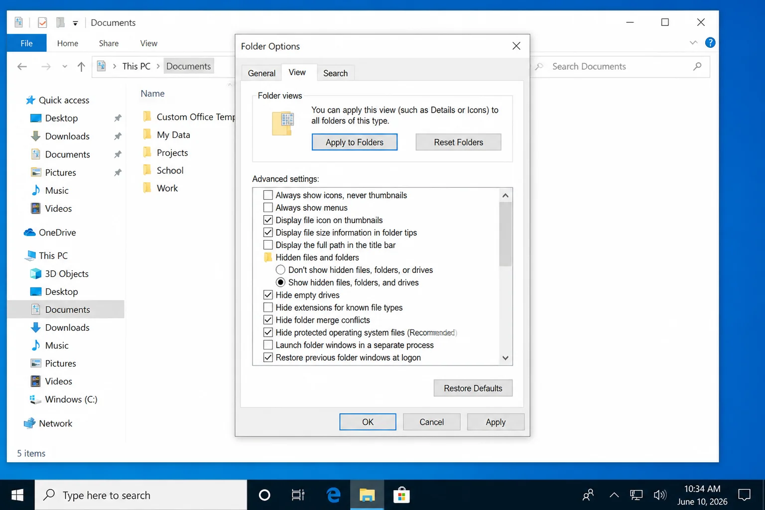 File Explorer Options View tab with Hide extensions for known file types cleared and the OK button visible