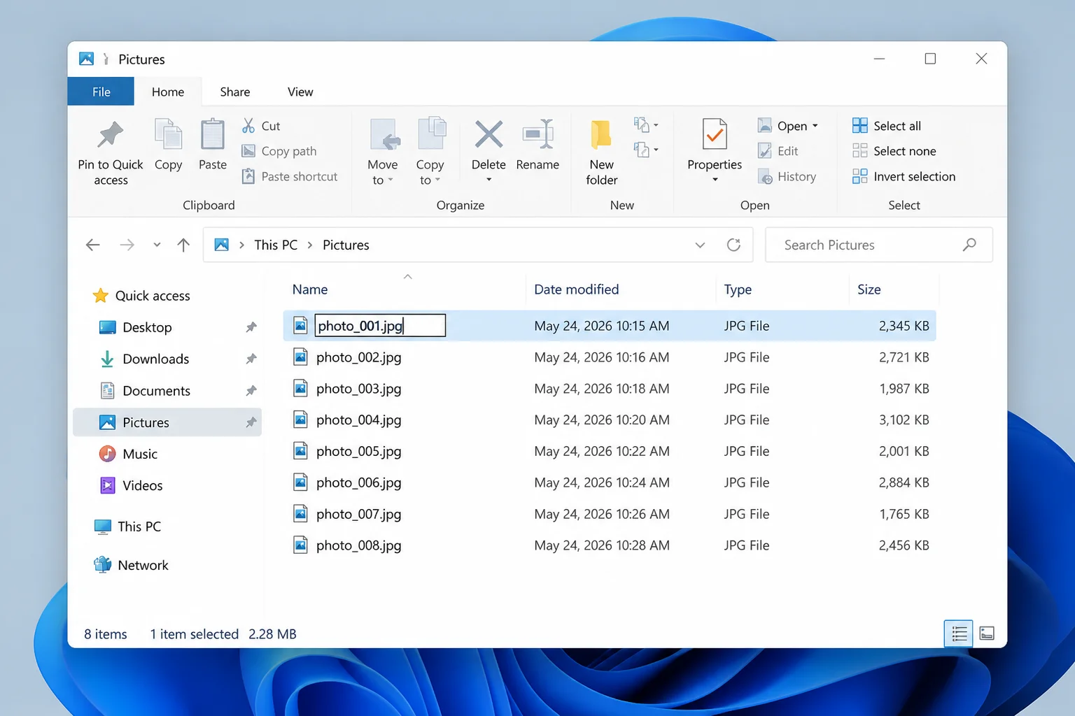 Windows 11 File Explorer filename editor changing photo_001 to photo_001.jpg