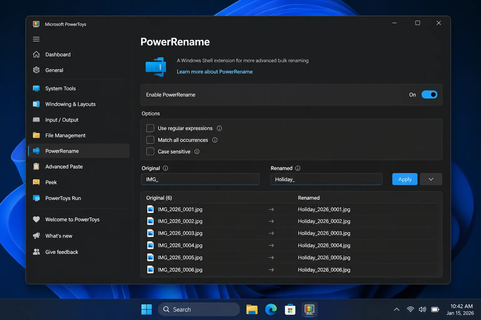 Microsoft PowerToys Settings with PowerRename selected and its enable toggle turned on