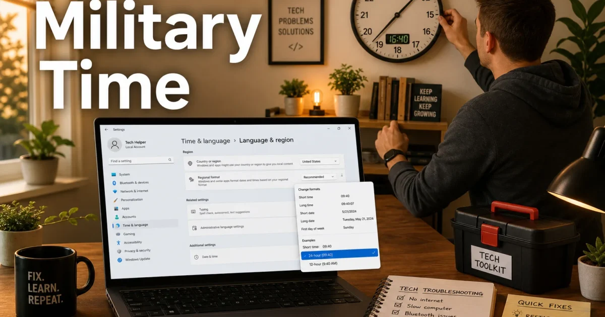 Man adjusts a wall clock while a laptop shows time settings; large 'Military Time' title overlays the scene.