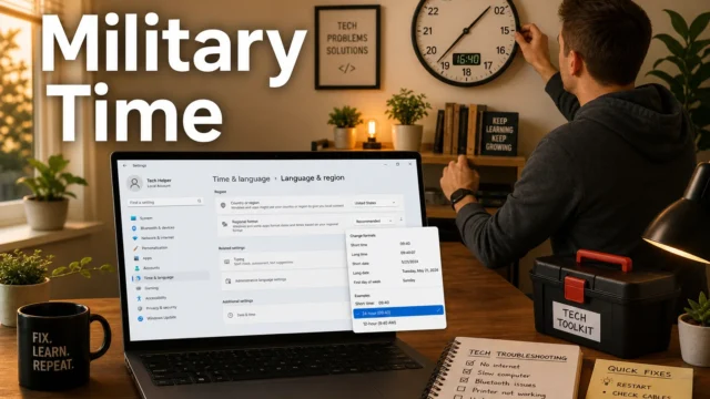 Man adjusts a wall clock while a laptop shows time settings; large 'Military Time' title overlays the scene.