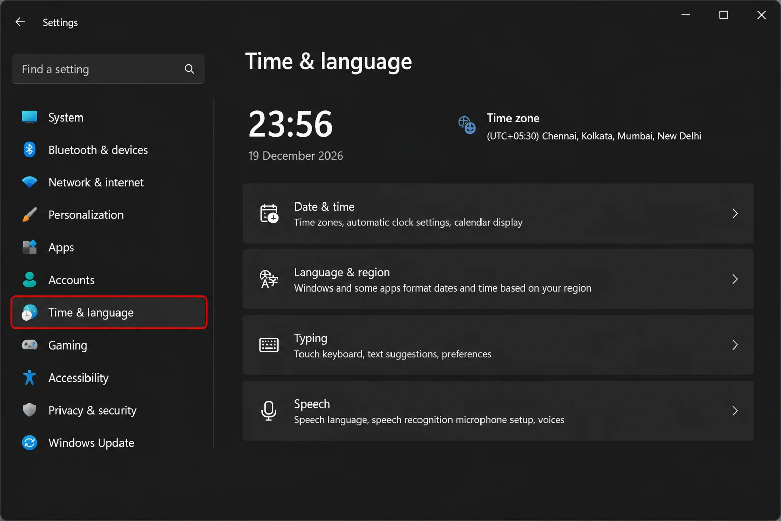 Windows 11 Settings home page with Time & language highlighted