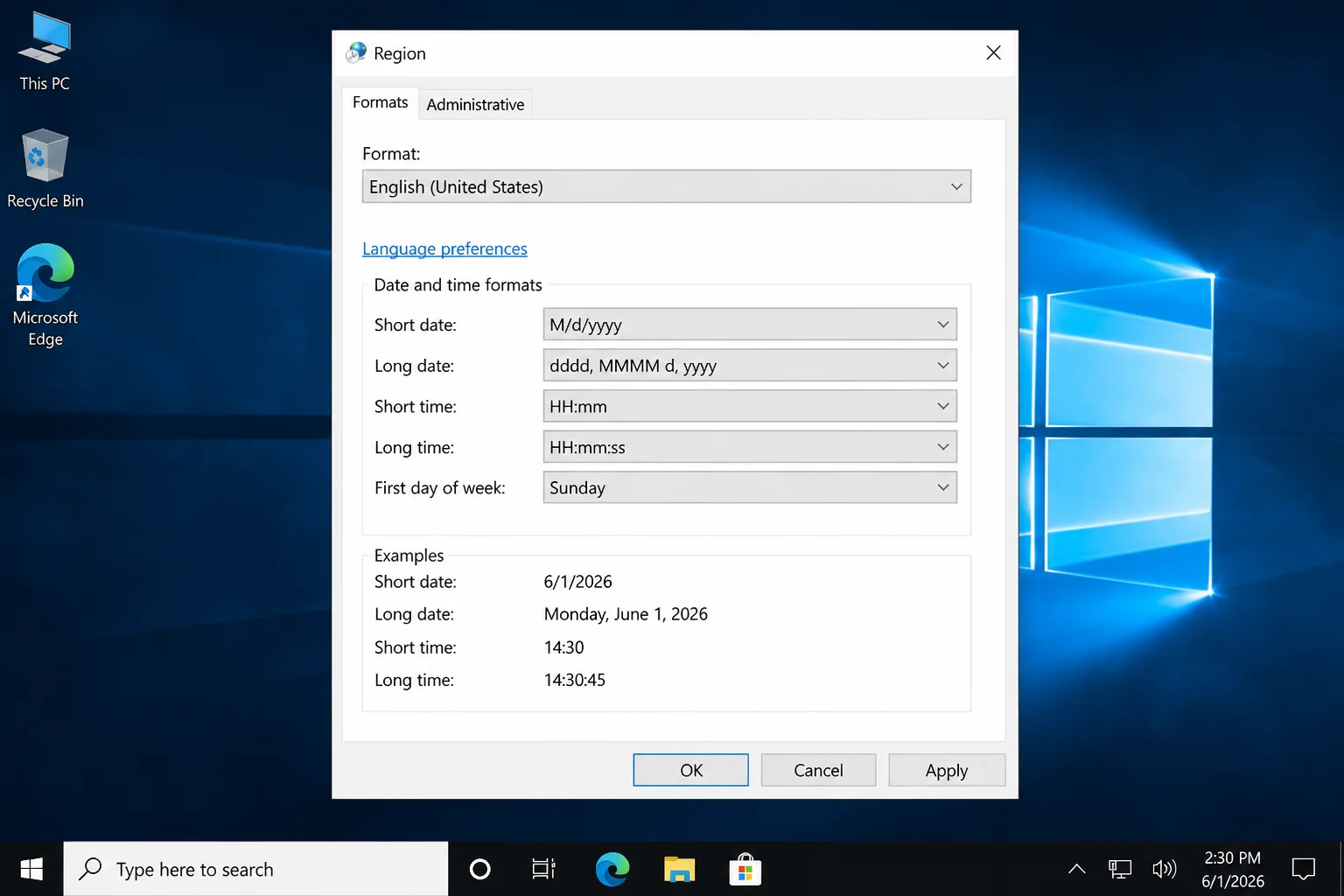 Region dialog on the Formats tab with Short time set to HH:mm and Long time set to HH:mm:ss