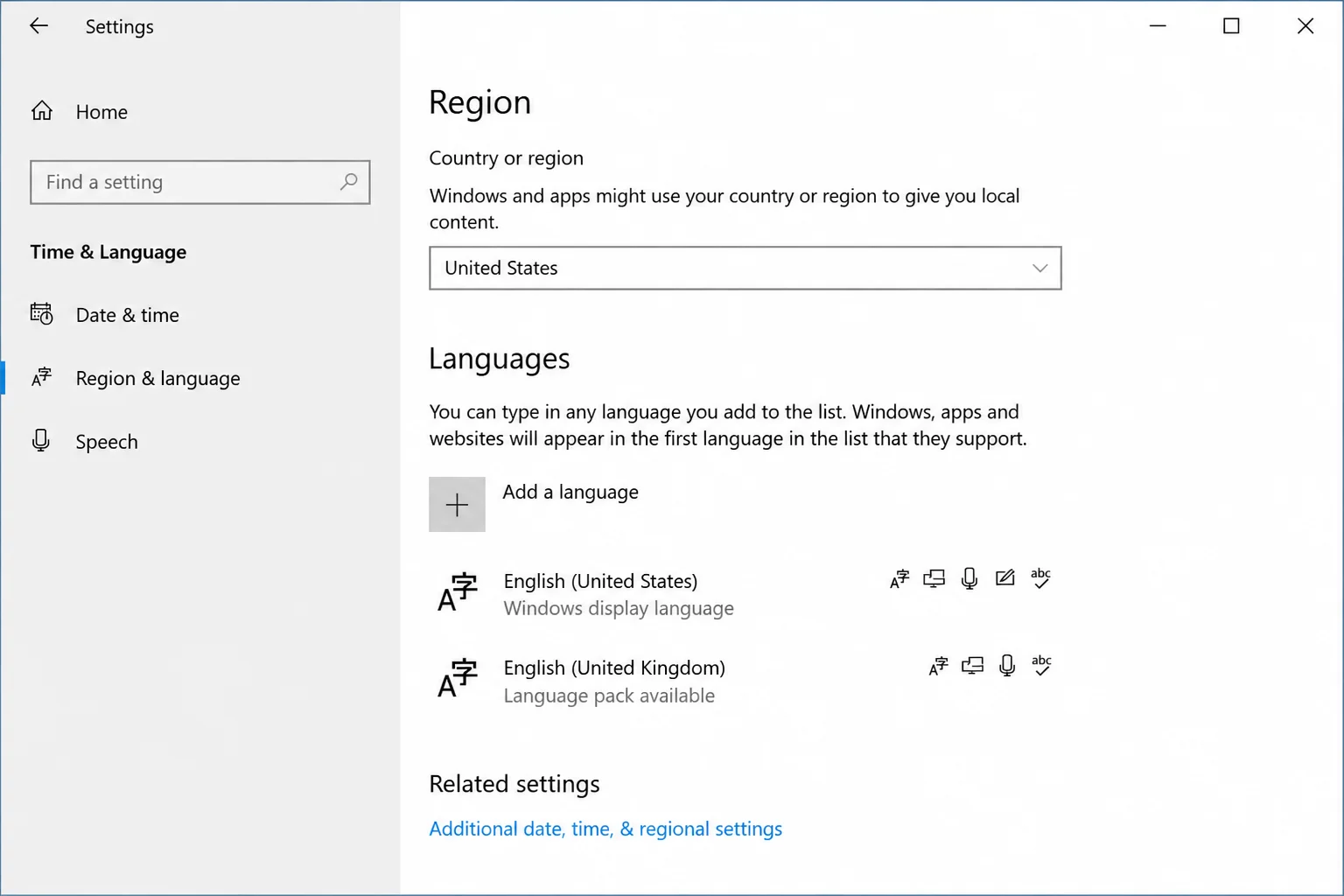 Windows 10 Settings > Time & Language with Region selected and regional format options visible