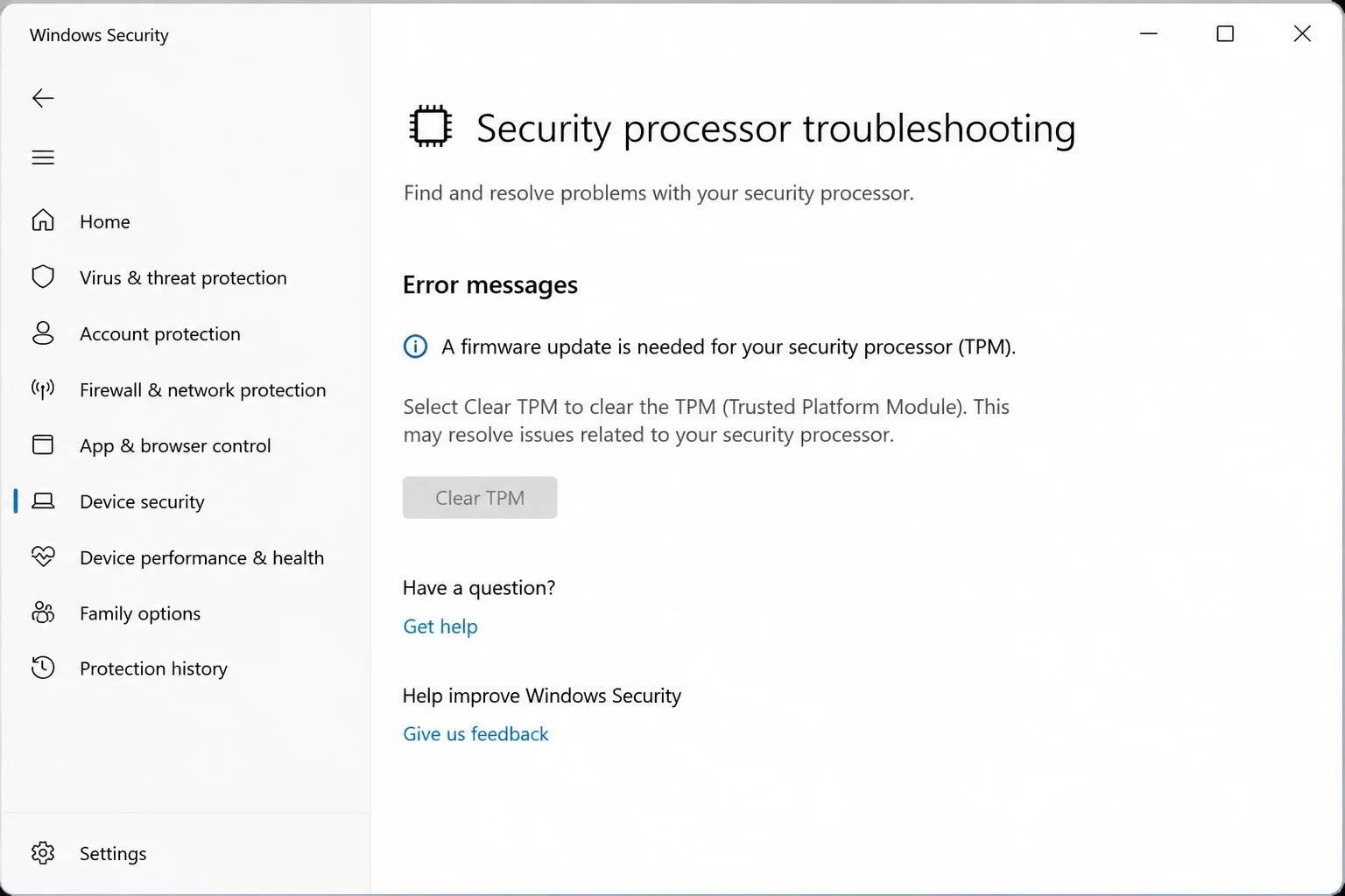 Security processor troubleshooting page showing a safely reproducible unavailable or greyed-out Clear TPM control and any explanatory status message