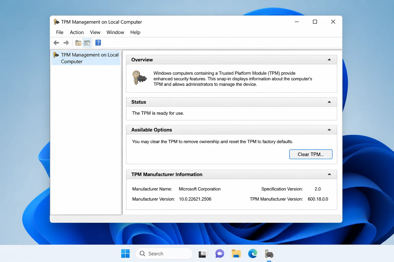 TPM Management on Local Computer console showing TPM status, Specification Version 2.0, and the Clear TPM action highlighted