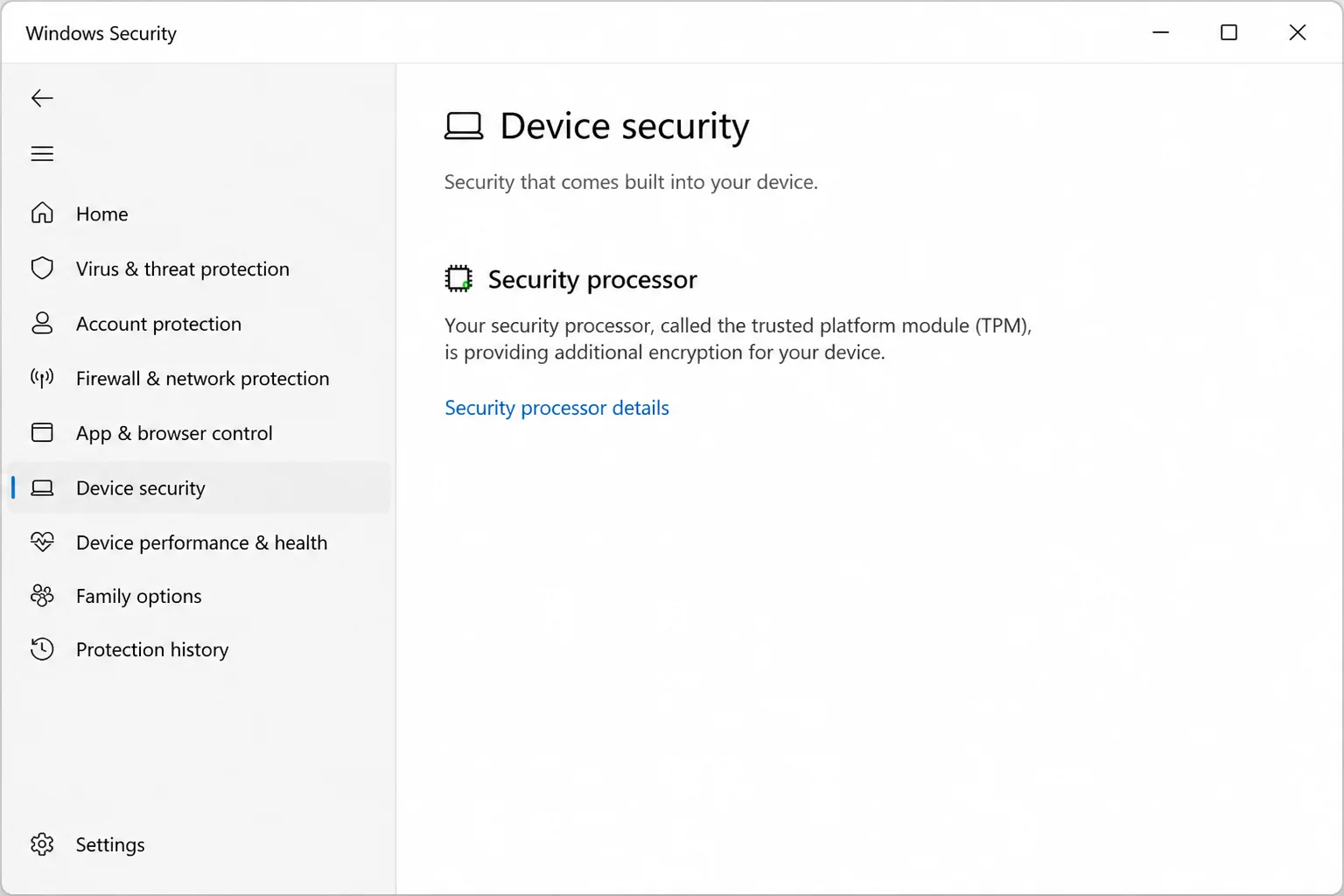 Windows Security Device security page with the Security processor section and Security processor details link highlighted