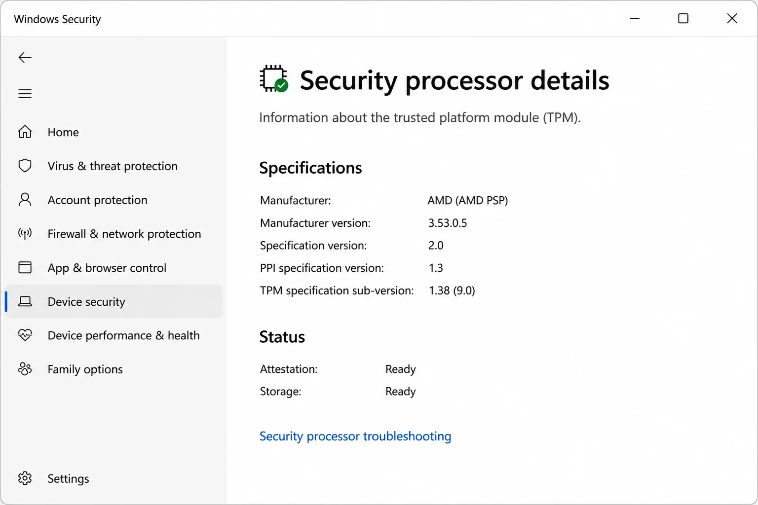 Security processor details page showing TPM specifications and the Security processor troubleshooting link